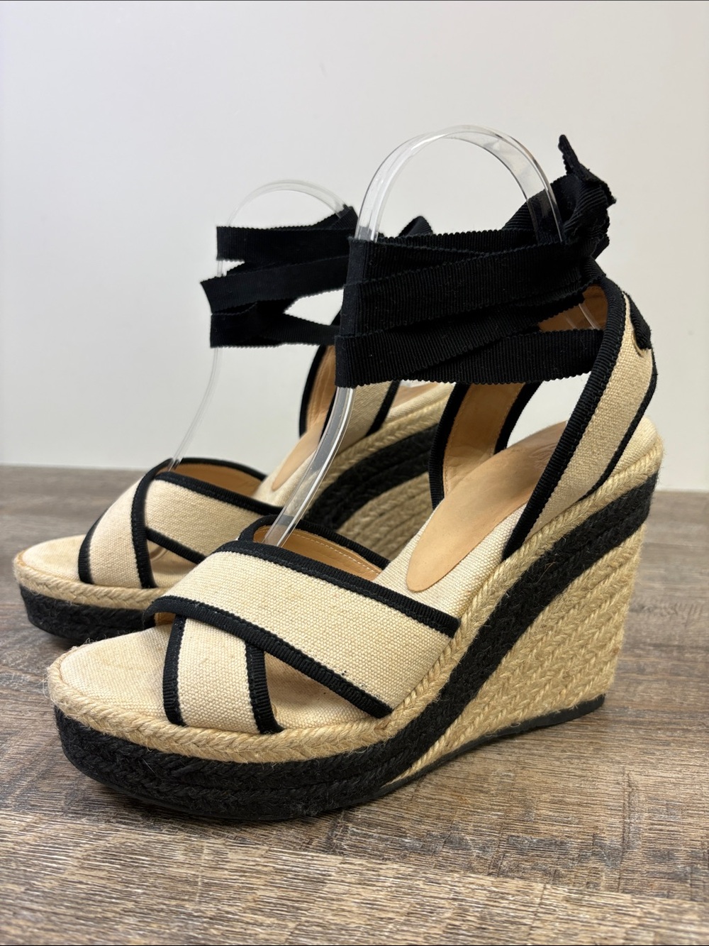 Castañer Canvas Espadrille Wedge Sandals Black Ivory Ankle Tie Size 38